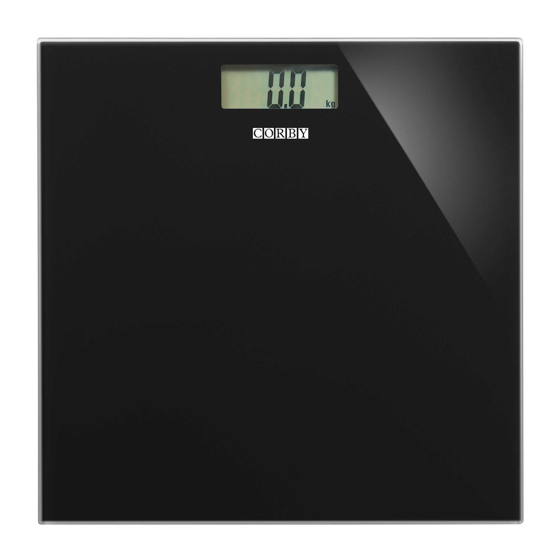 Top-down view of Corby Helmsley black digital bathroom scales with LCD screen and sleek tempered glass finish