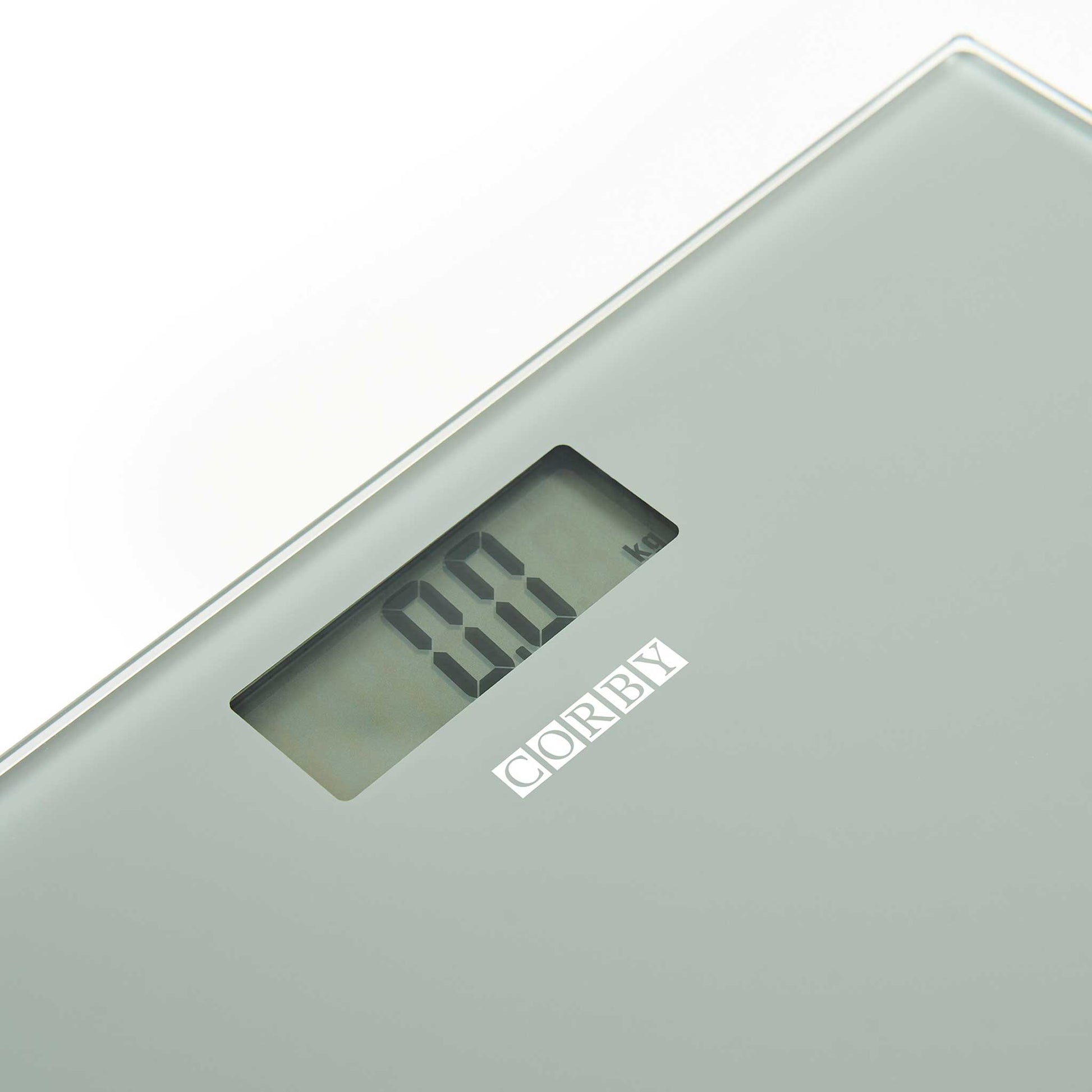 Close-up of Corby Helmsley grey digital bathroom scales with clear LCD screen and tempered glass surface