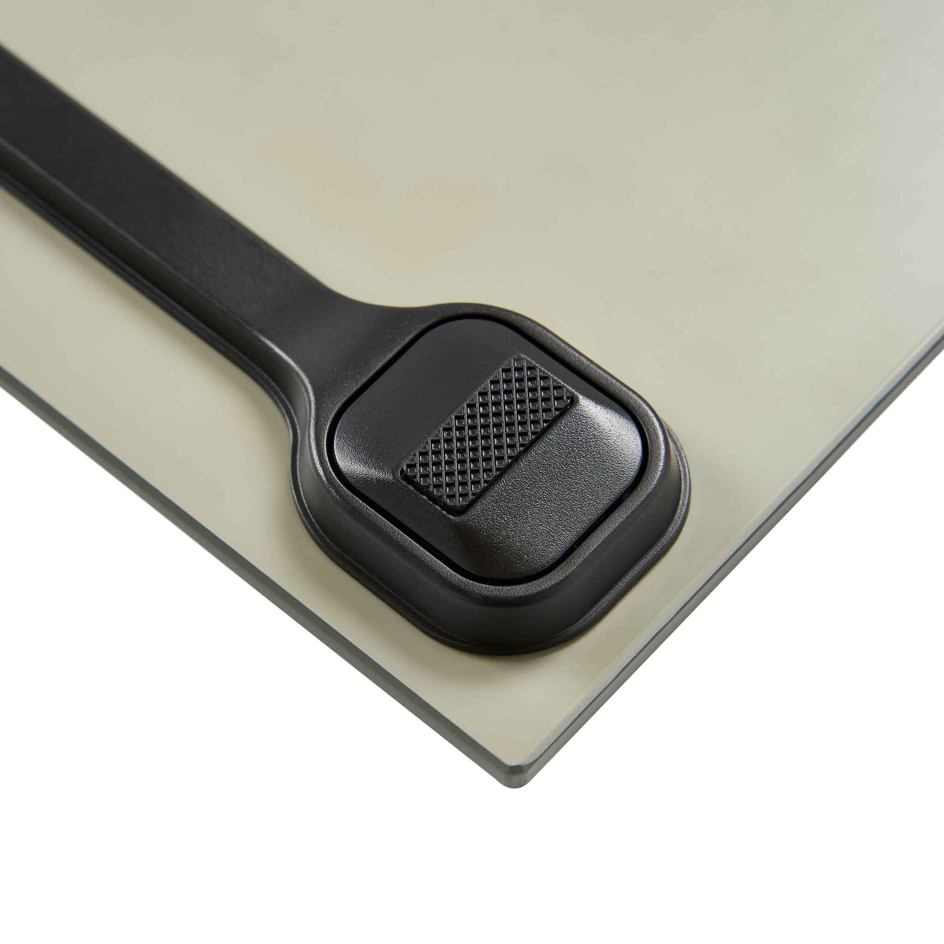 Close-up of anti-slip rubber foot on Corby Helmsley grey digital bathroom scales with tempered glass base
