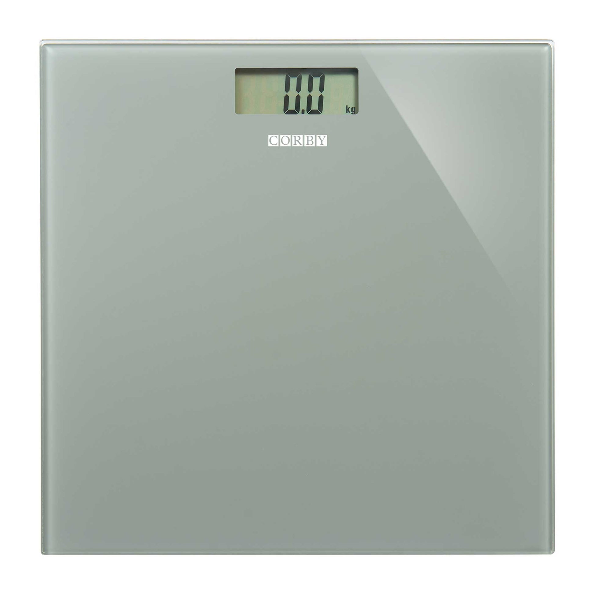 Top-down view of Corby Helmsley grey digital bathroom scales with LCD display and tempered glass surface
