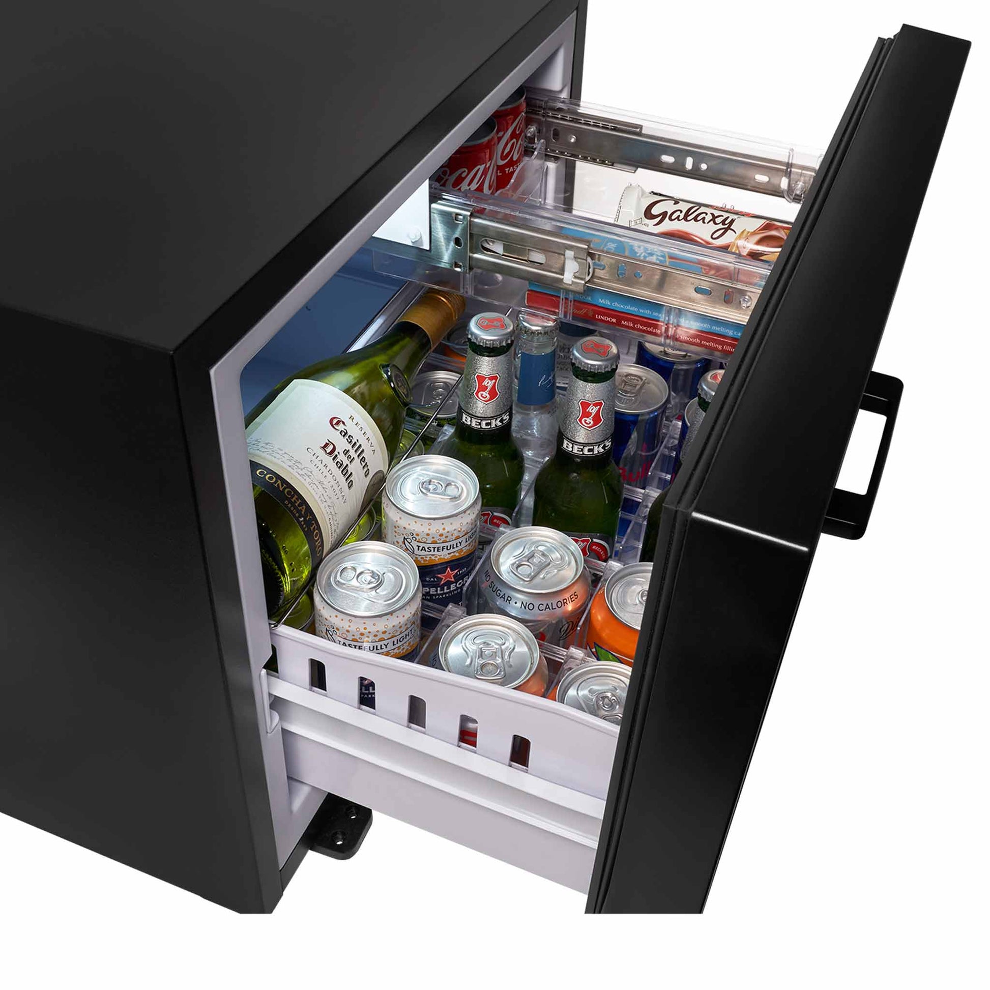 Corby Henley drawer mini bar, open with drinks in fridge