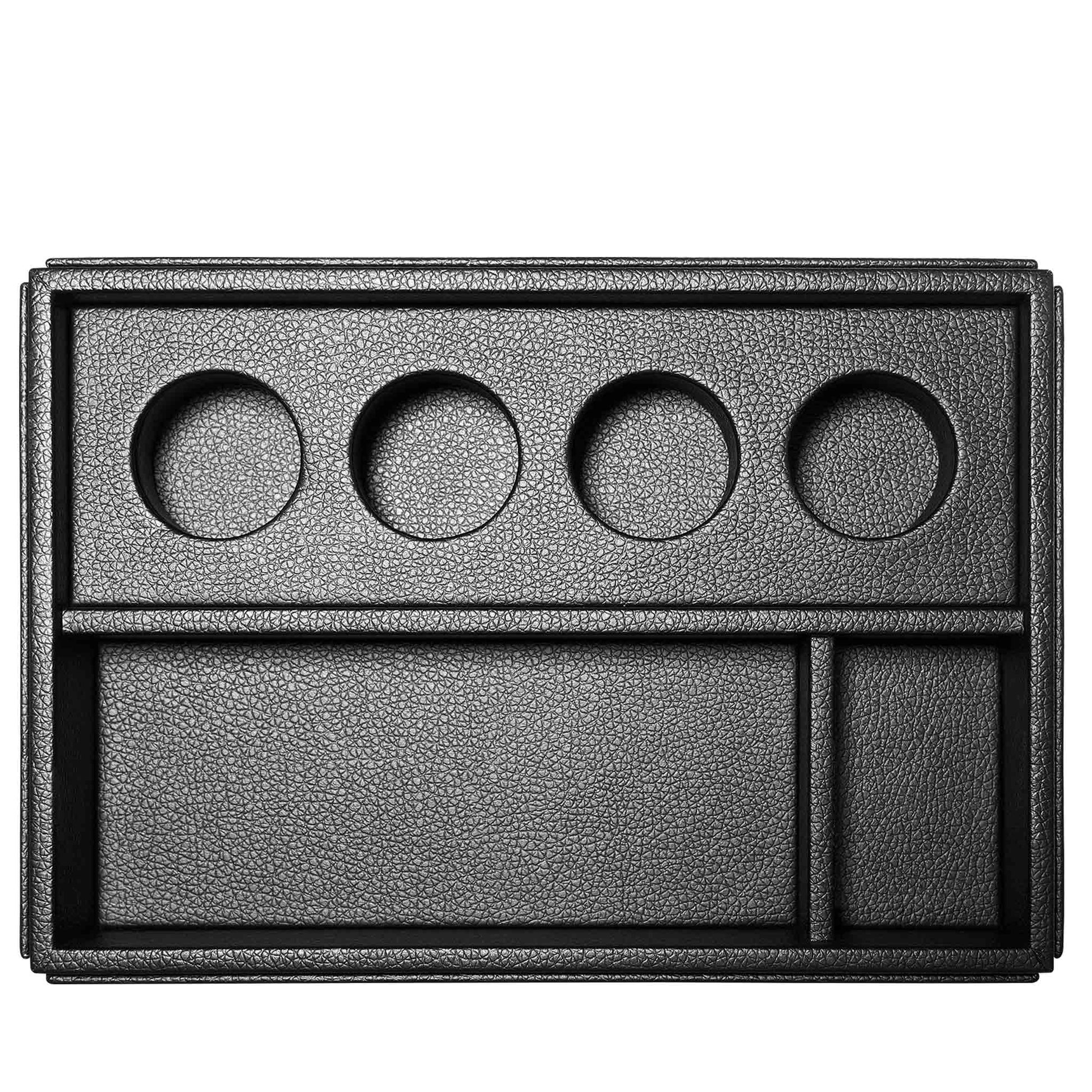 Birds eye view of black leatherette coffee holder