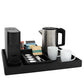 Corby Highland large black leatherette tray with hotel coffee machine and kettle