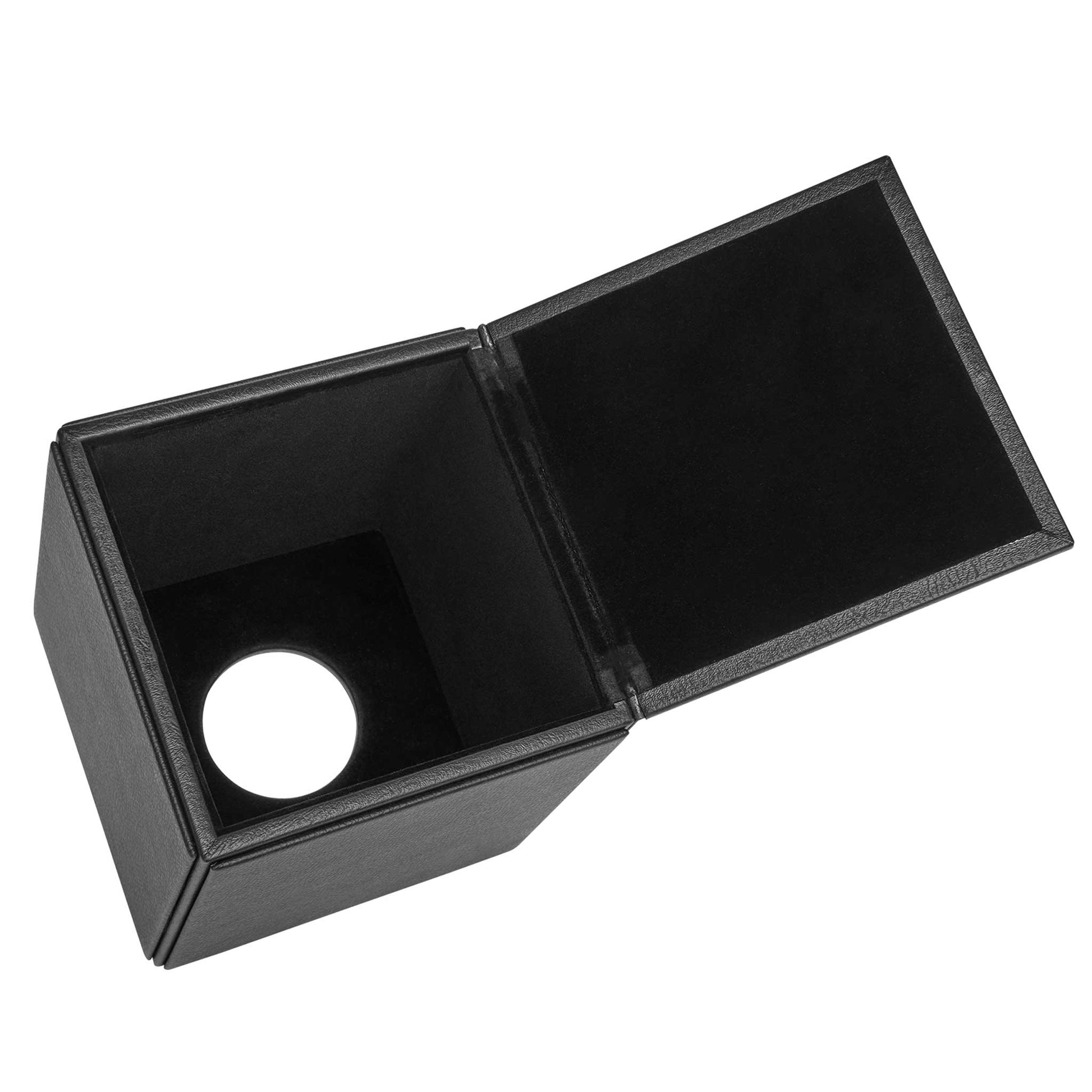 Black leatherette cube tissue box cover with base open