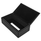 Rectangular black leatherette tissue box cover with base open