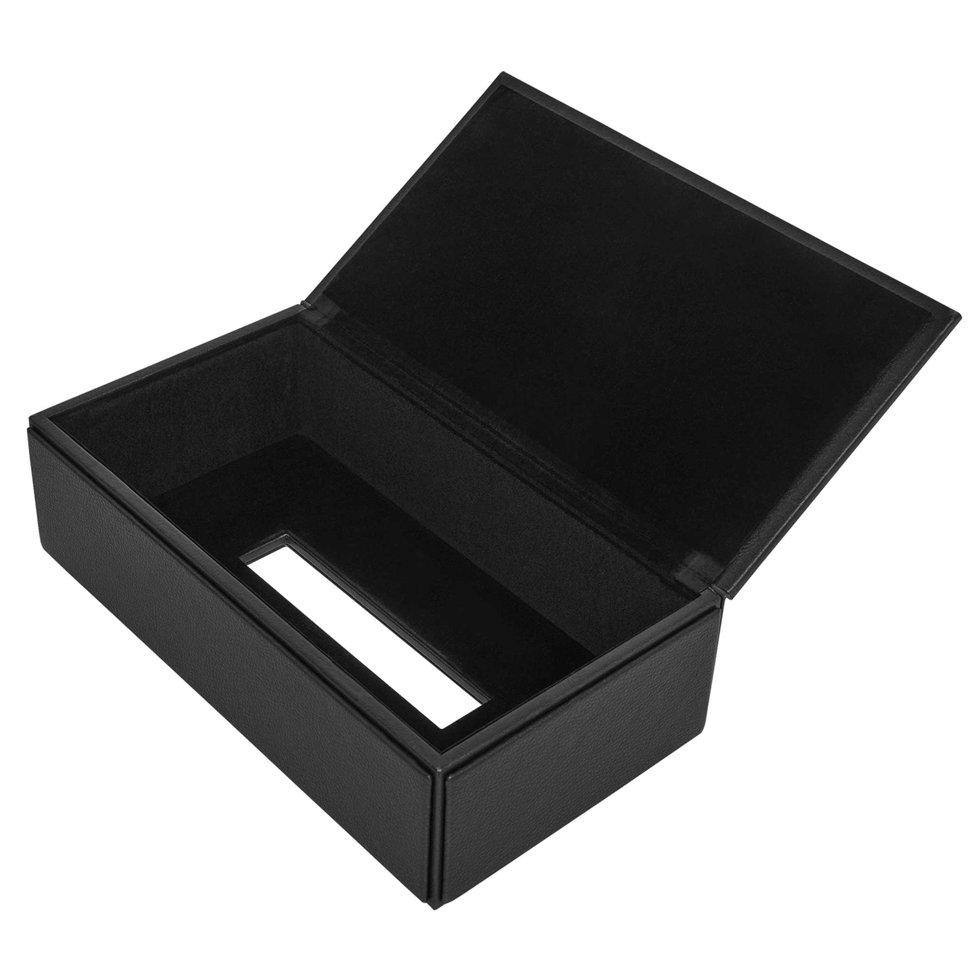 Rectangular black leatherette tissue box cover with base open