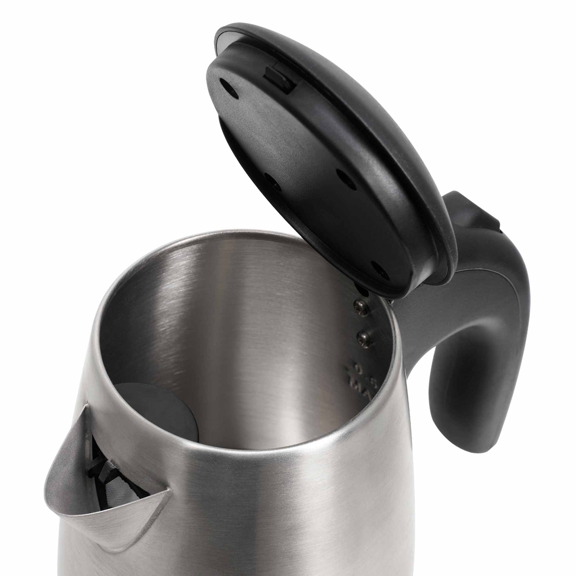 Interior view of Corby Kensington 0.6L hotel kettle with open lid, showing concealed element and integrated spout filter