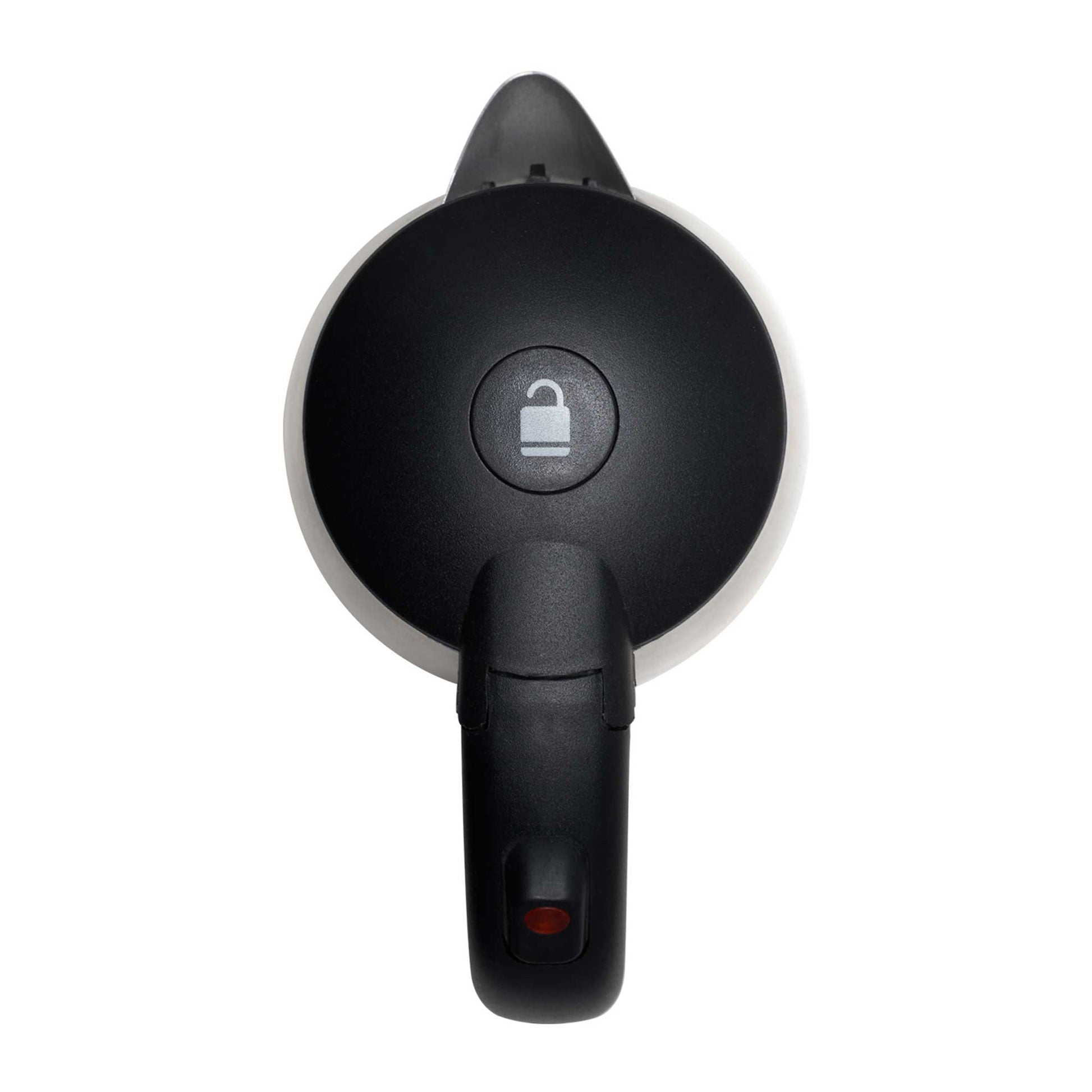 Top view of Corby Kensington hotel kettle showing lid lock icon, spout, and ergonomic black handle with on/off switch