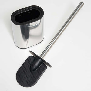 Corby Sana chrome silicone toilet brush set shown disassembled with flexible bristle head and stainless steel handle