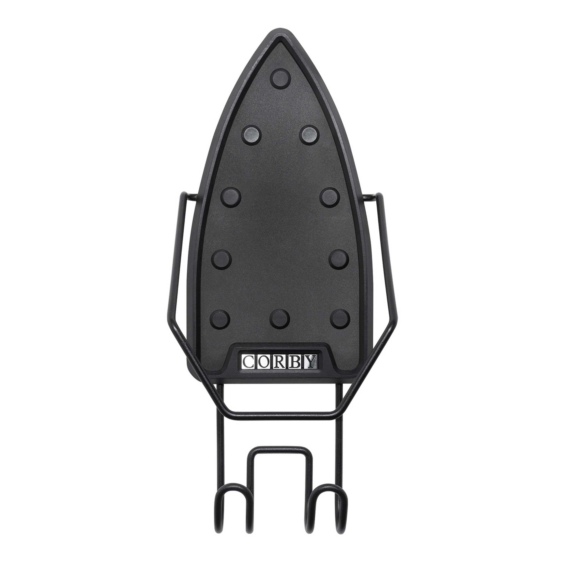 Front view of Corby Sherwood iron and ironing board holder with heat-resistant black panel and twin loop hooks for 1200W or 1600W hotel irons