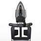 Top-down view of Corby Sherwood holder securely storing 1200W black steam iron with wrapped cord and folded hotel ironing board