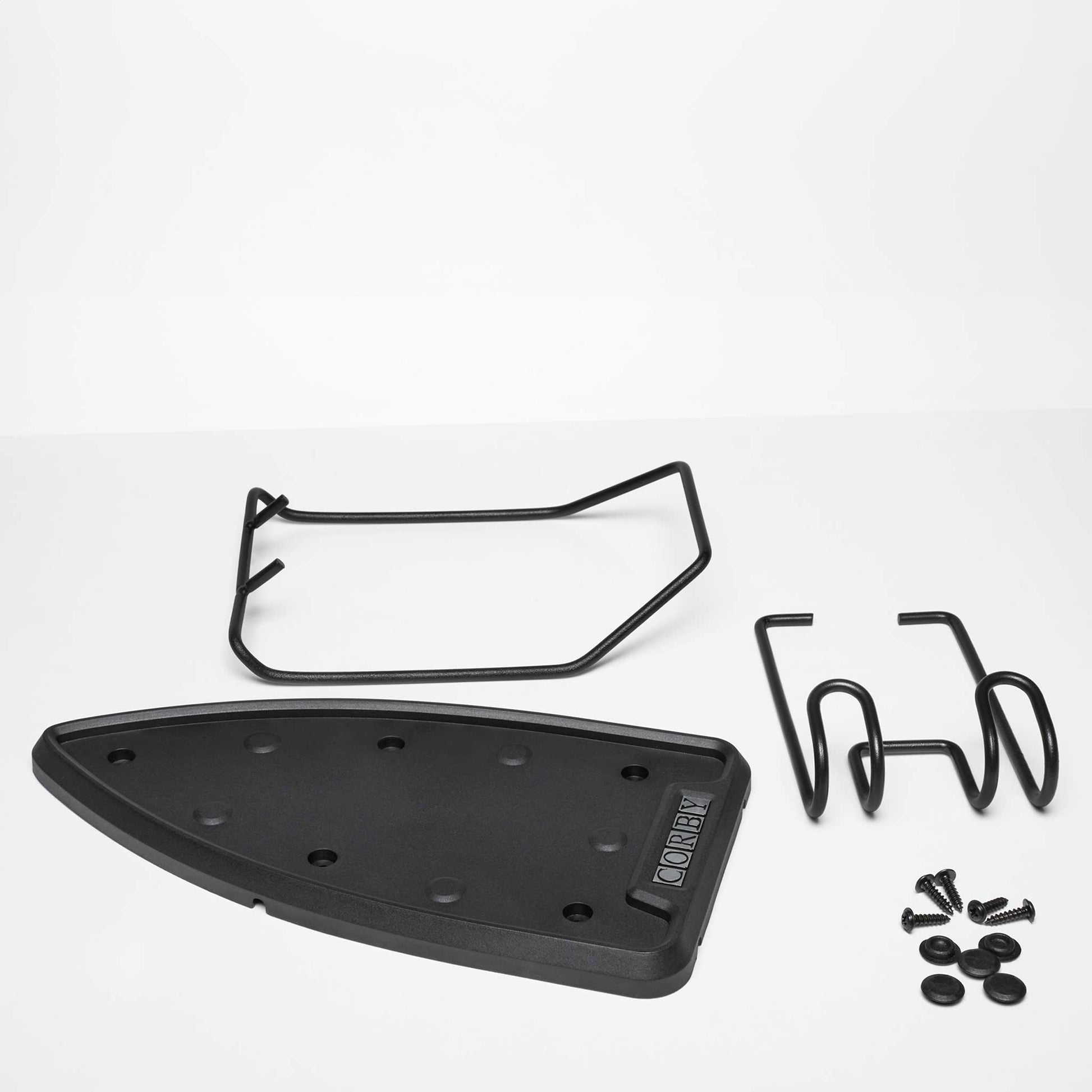 Corby Sherwood iron and ironing board holder disassembled with backplate, wire frame, hooks, and mounting screws for hotel installation