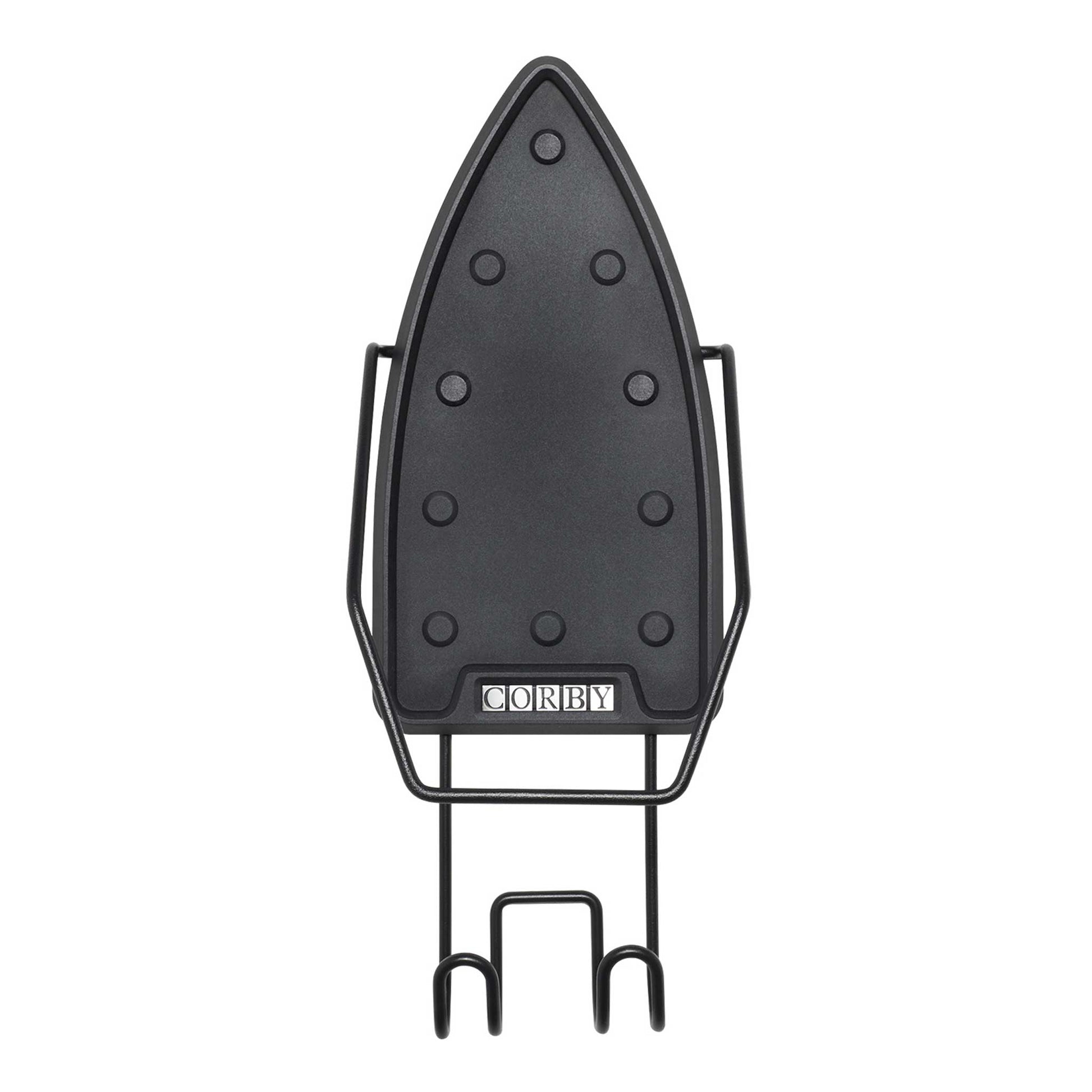 Front view of Corby Sherwood wall-mounted iron and ironing board holder with heat-resistant panel for 2000W hotel steam irons