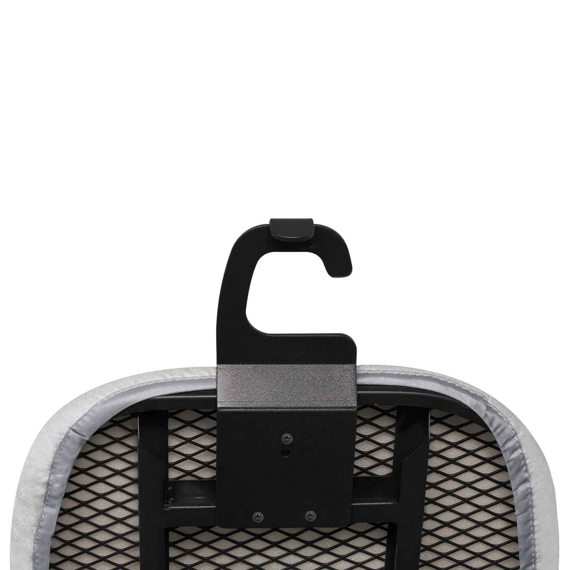 Underside view of Corby Sherwood ironing board hanger securely attached to mesh frame of ironing board