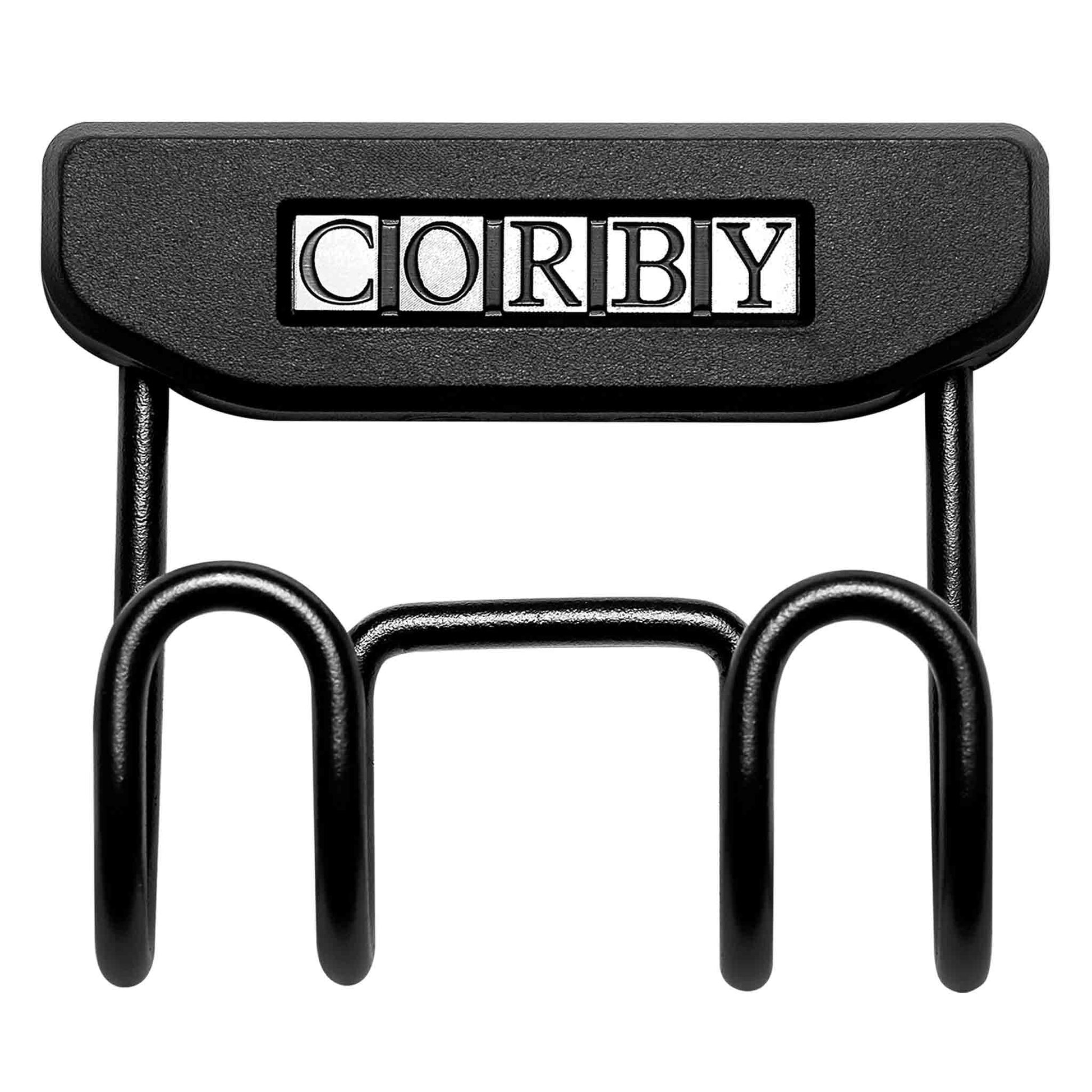 Front view of Corby Sherwood ironing board holder with triple-loop wire design and black branded mounting bracket