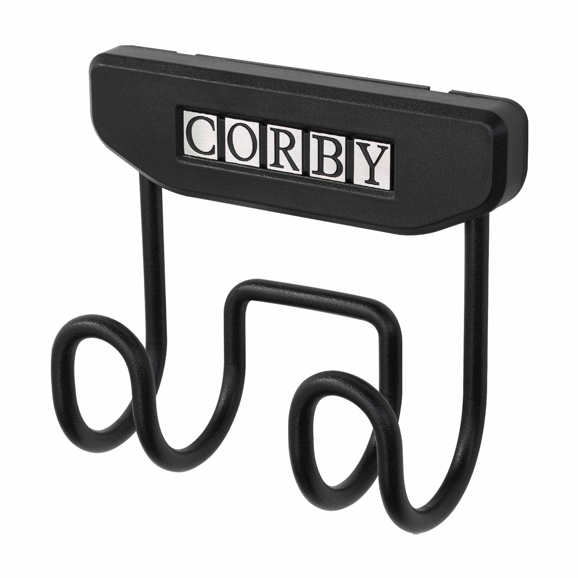 Corby Sherwood ironing board holder with dual wire arms and branded black plastic mounting plate for hotel wardrobes or walls