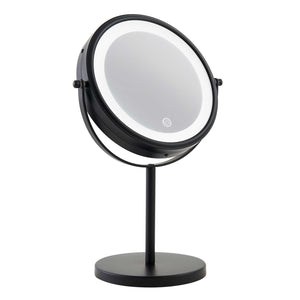 Corby Winchester freestanding LED vanity mirror in matt black with touch sensor and illuminated ring light for hotel bathrooms
