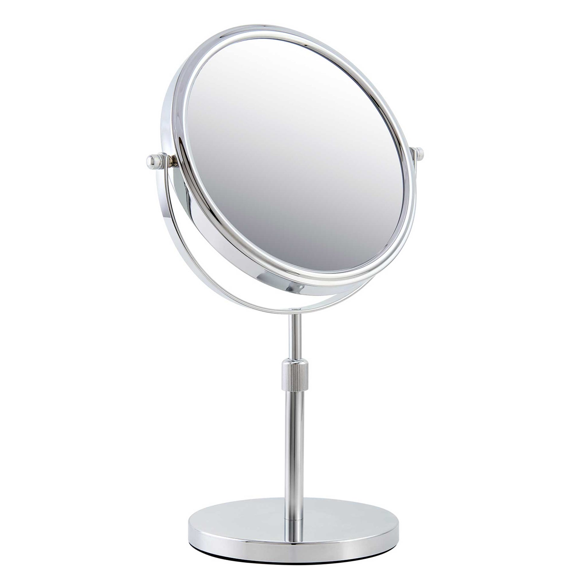 Corby Winchester chrome free-standing vanity mirror with adjustable double-sided magnification for hotel bathrooms
