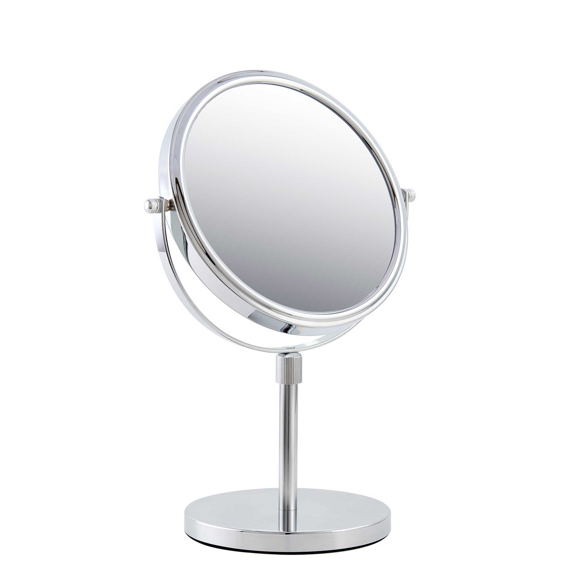 Corby Winchester chrome tabletop vanity mirror with double-sided magnification and adjustable swivel design for hotel bathrooms