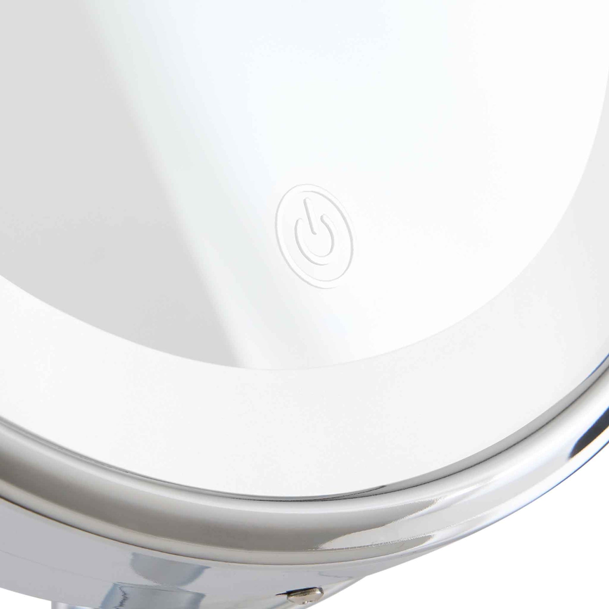 Detail of Corby Winchester LED vanity mirror showing touch-sensitive power button on illuminated chrome frame
