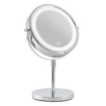 Corby Winchester chrome free-standing LED vanity mirror with touch sensor and magnifying side for hotel or guest bathrooms