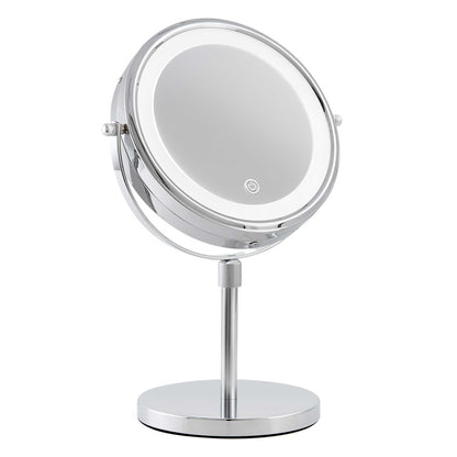Corby Winchester chrome free-standing LED vanity mirror with touch sensor and magnifying side for hotel or guest bathrooms