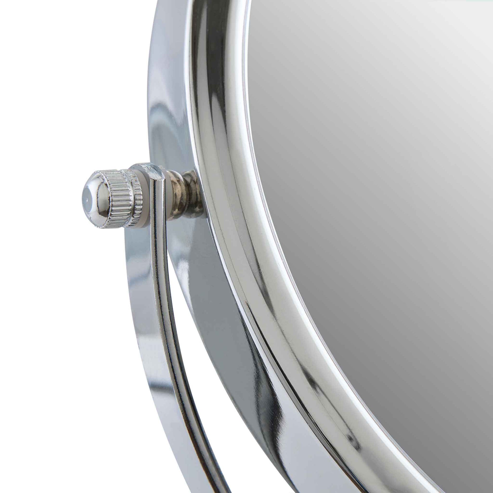 Close-up of Corby Winchester chrome vanity mirror showing swivel adjustment knob and polished metal frame