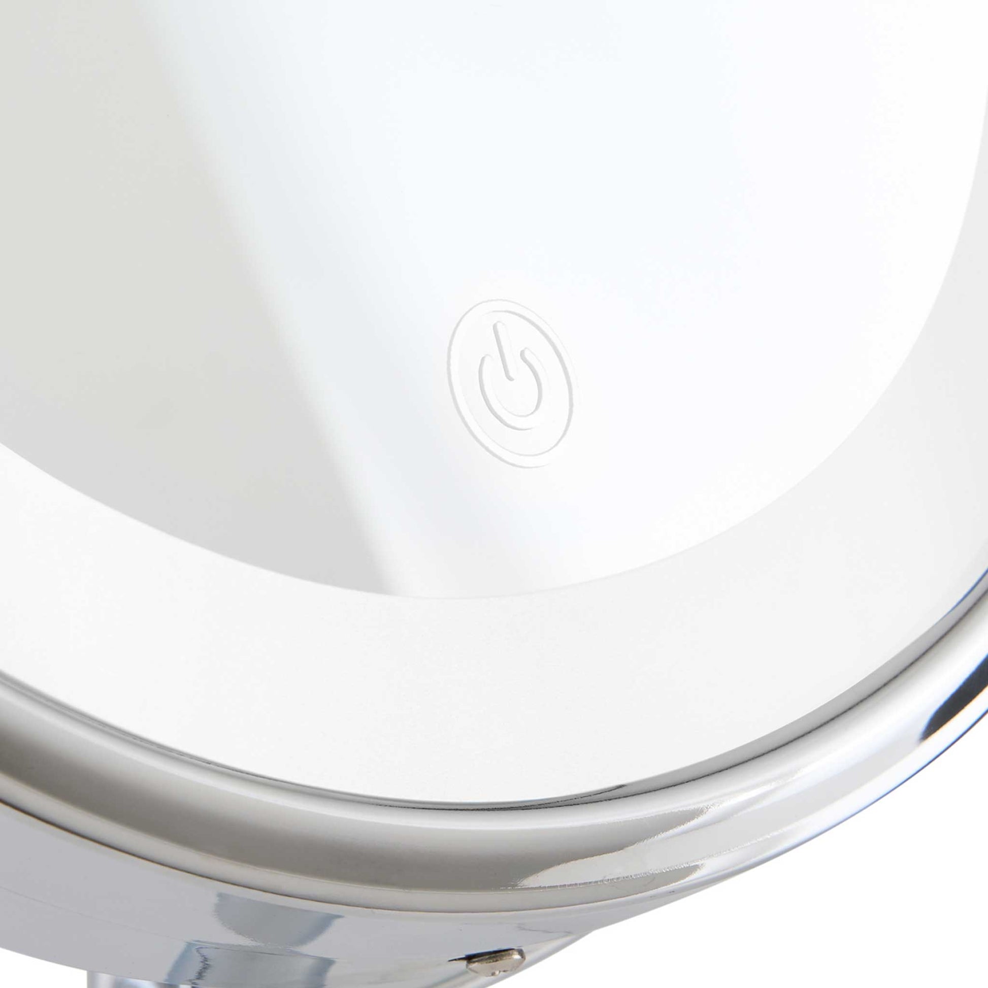 Detail of Corby Winchester LED vanity mirror showing touch-sensitive power button and chrome frame