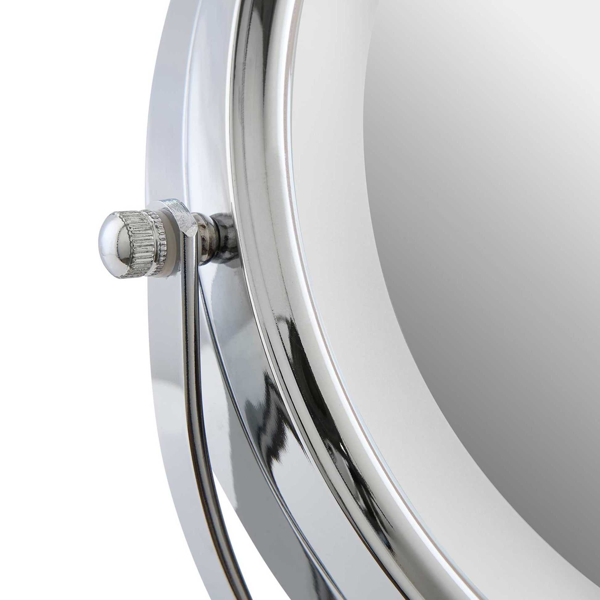 Close-up of Corby Winchester chrome LED vanity mirror showing adjustable side knob and polished frame finish