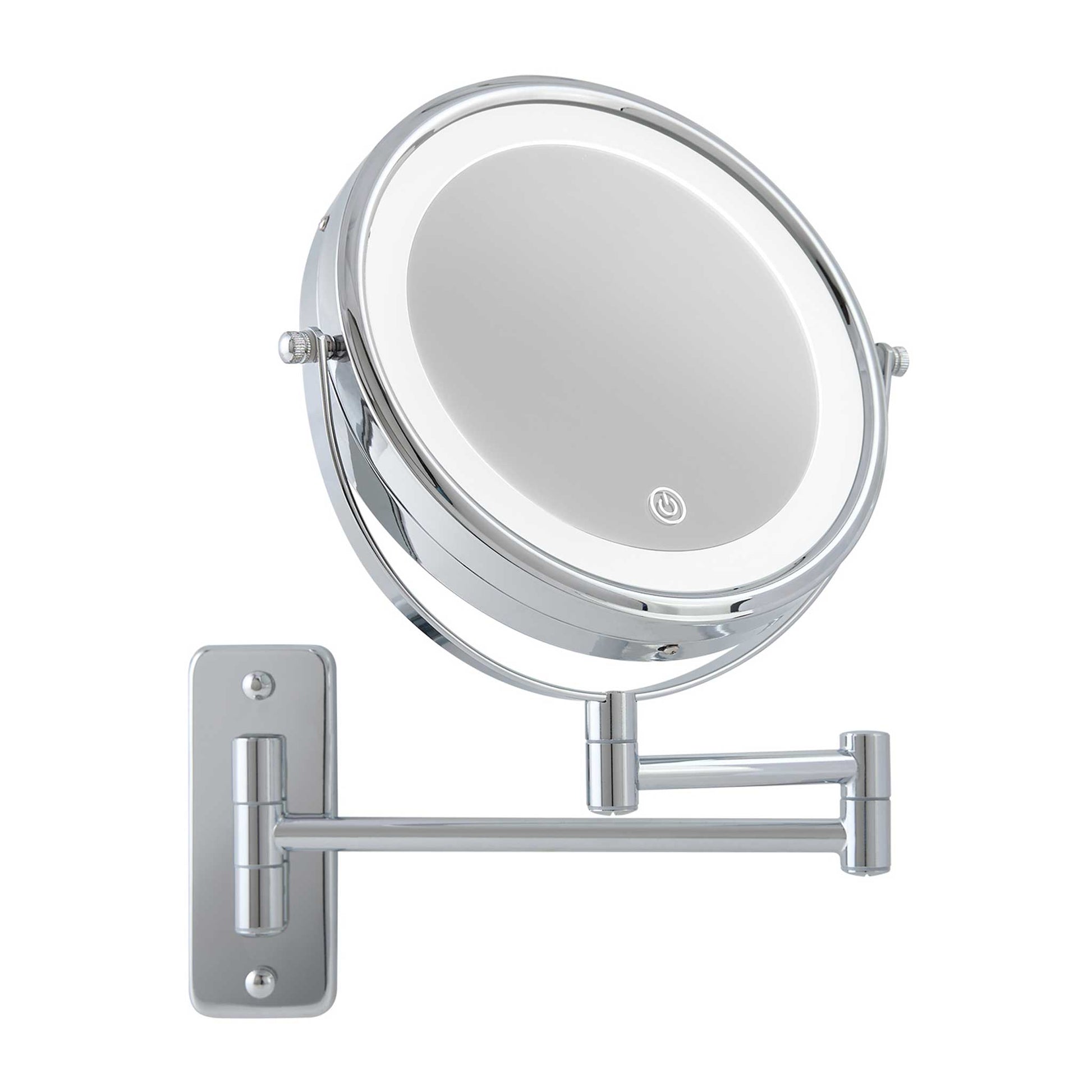Corby Winchester chrome LED vanity mirror with wall-mounted extending arm and touch sensor