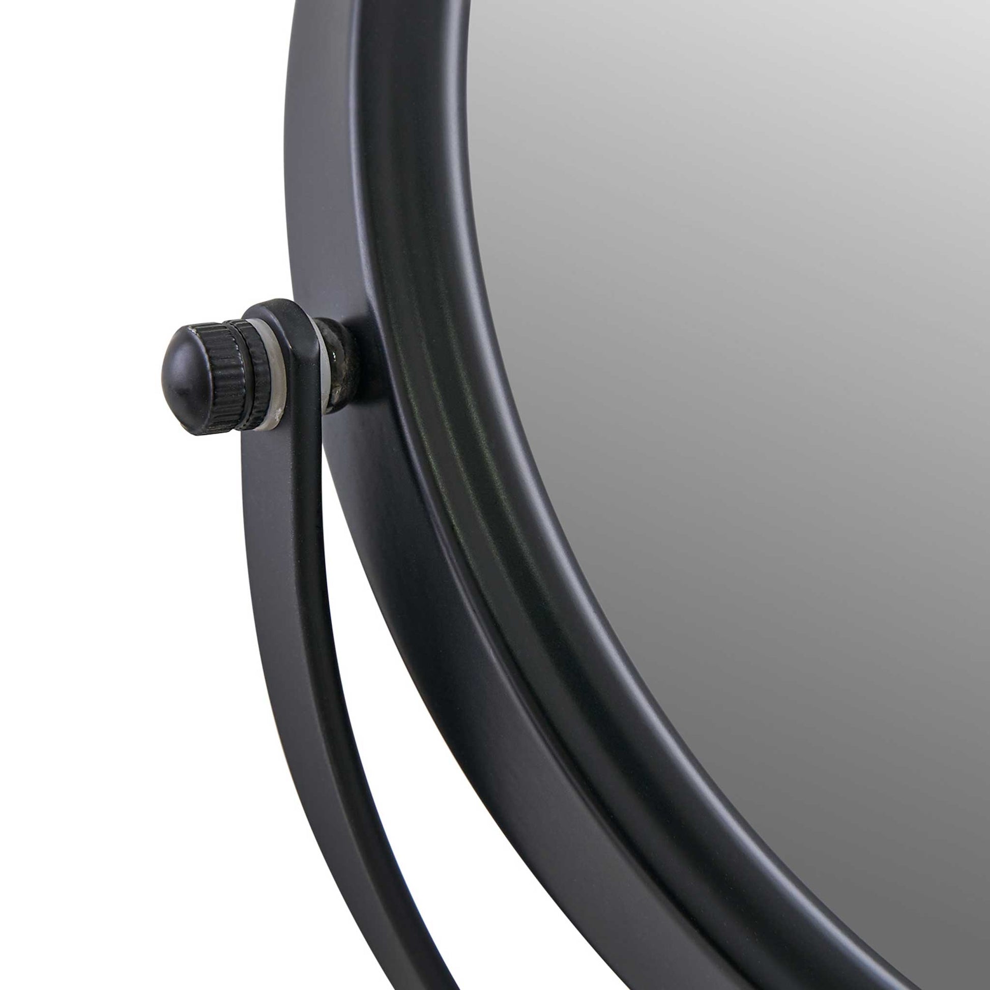 Close-up of Corby Winchester wall-mounted vanity mirror in matt black showing swivel adjustment knob and curved frame detail