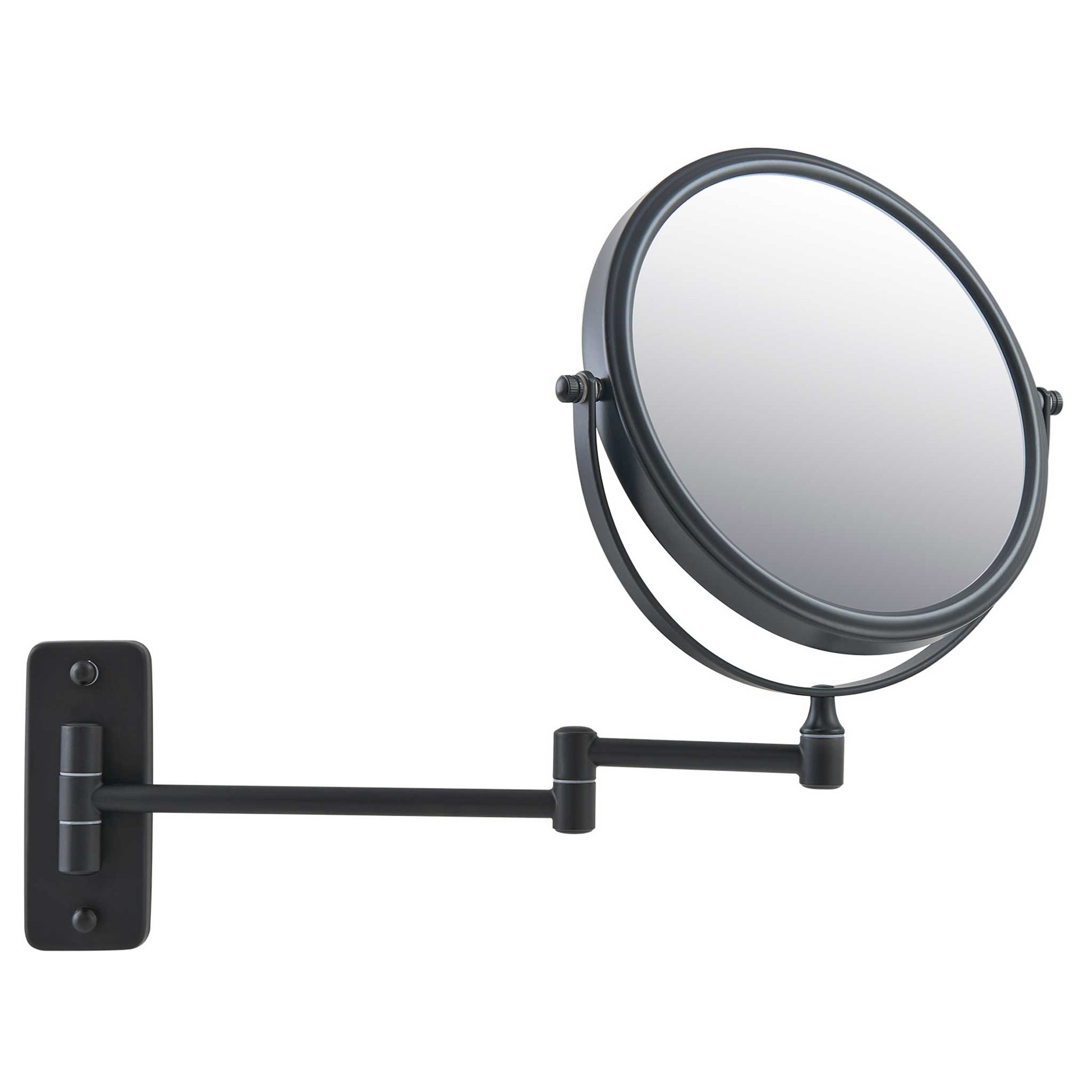 Corby Winchester wall-mounted vanity mirror in matt black fully extended with double-jointed arm and swivel round frame for hotel bathrooms