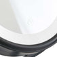 Close-up of Corby Winchester LED vanity mirror showing illuminated touch sensor power button and matt black frame