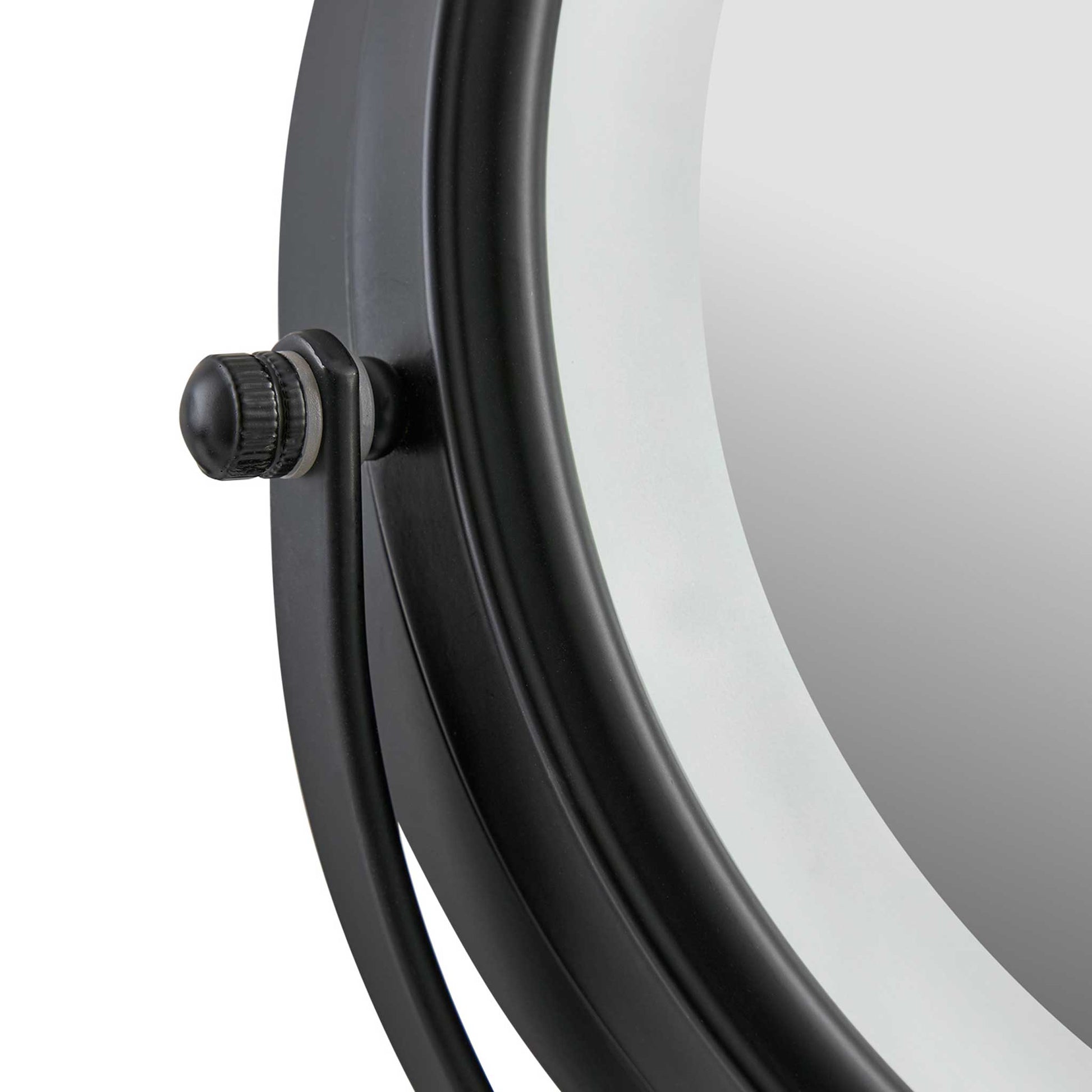 Detail of Corby Winchester LED vanity mirror in matt black showing side adjustment knob and illuminated frame edge