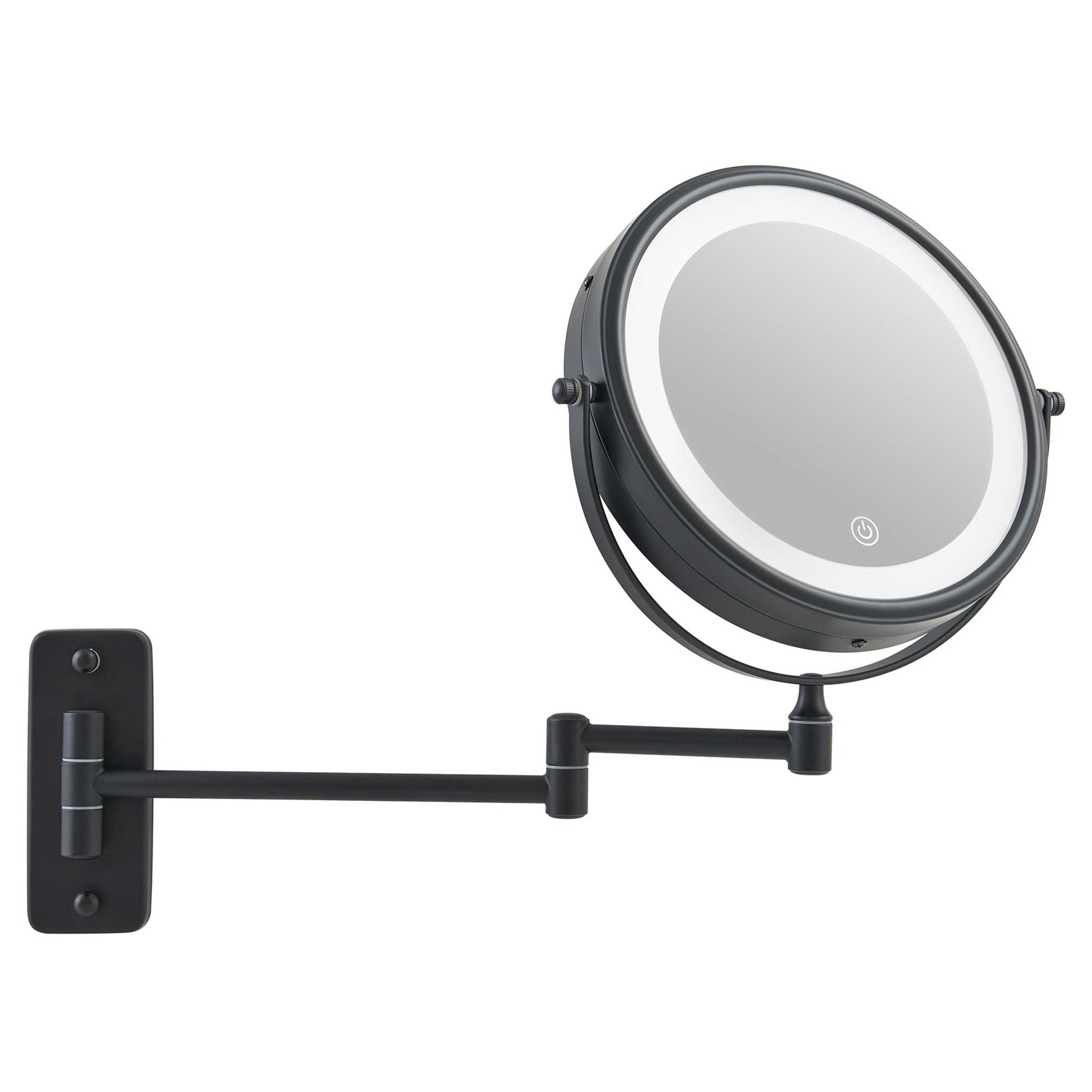 Corby Winchester wall-mounted LED vanity mirror in matt black fully extended with illuminated ring light and adjustable swivel arm