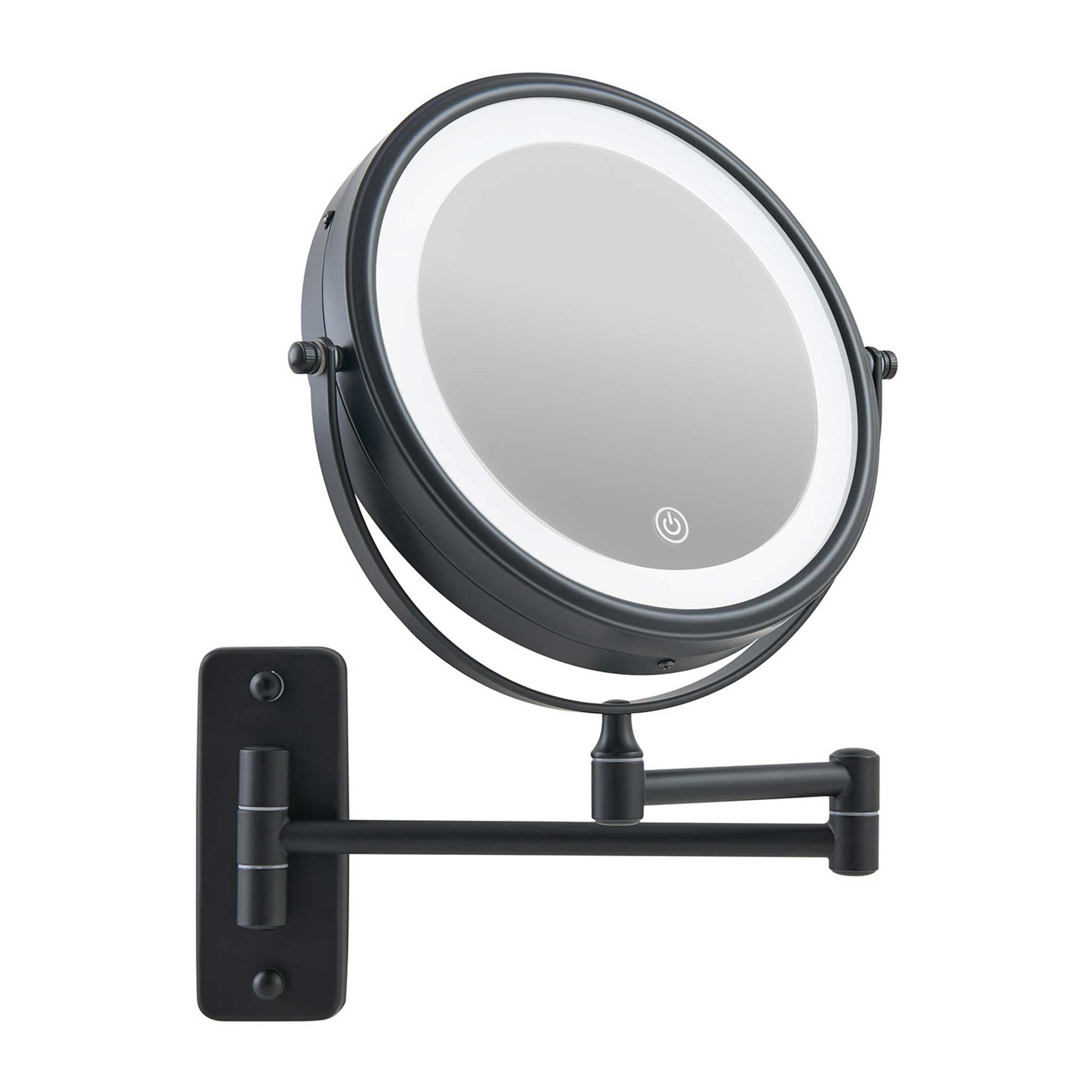 Corby Winchester wall-mounted LED vanity mirror in matt black with illuminated ring light, touch sensor, and extendable arm