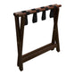 Corby York dark wood folding luggage rack with black nylon support straps in upright folded position