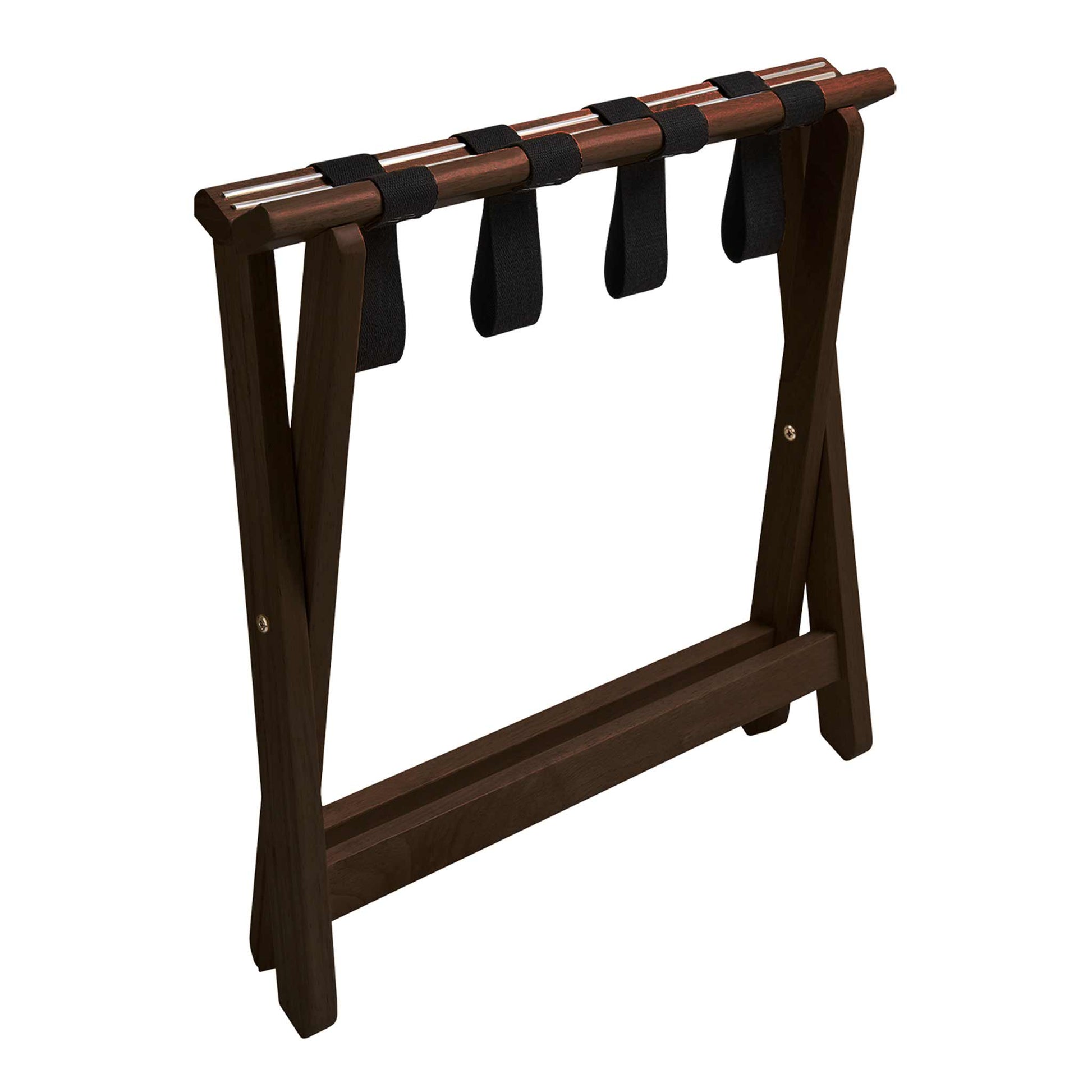 Corby York dark wood folding luggage rack with black nylon support straps in upright folded position