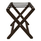 Side view of Corby York dark wood luggage rack with four black nylon straps and folding X-frame design