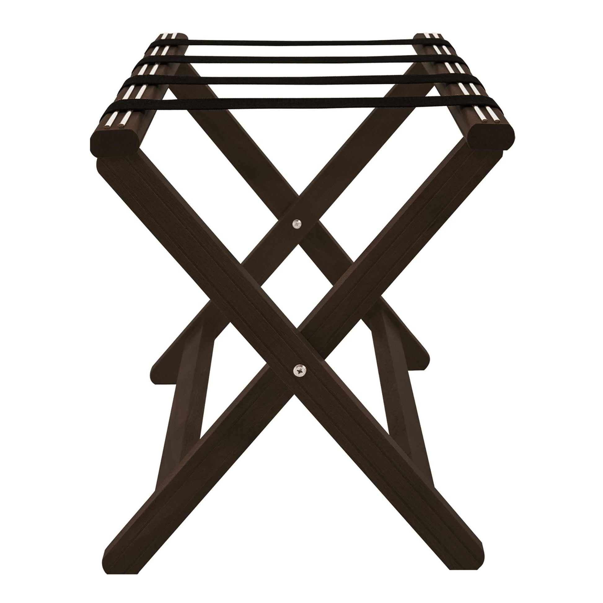 Side view of Corby York dark wood luggage rack with four black nylon straps and folding X-frame design