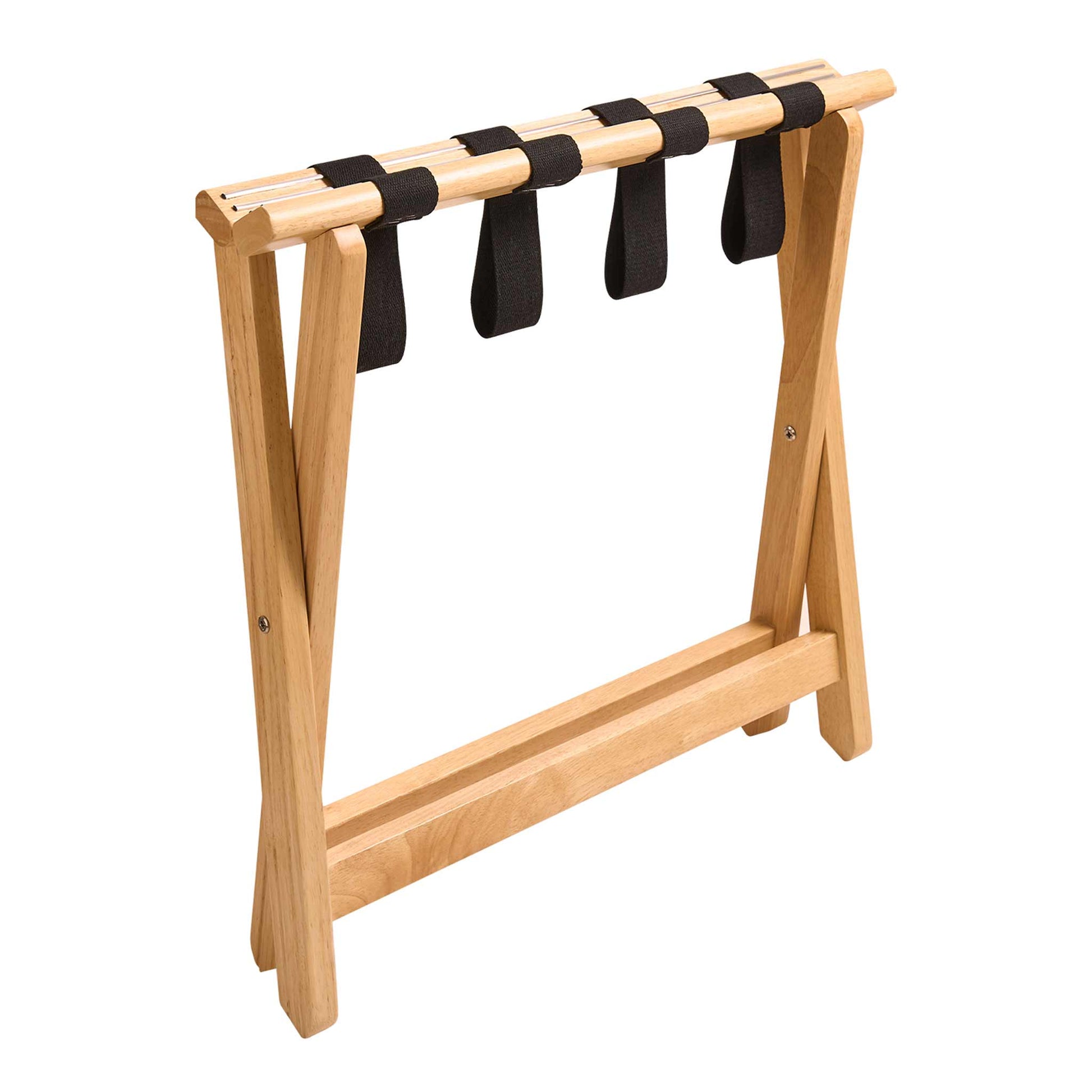 Corby York light wood luggage rack folded for compact storage, with black fabric straps and beech frame