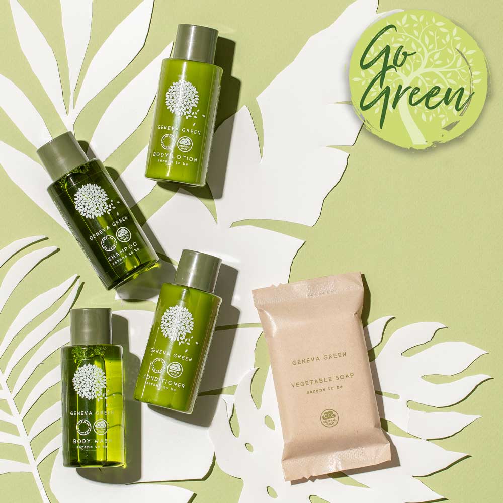 Eco friendly hotel toiletries collection featuring Geneva Green