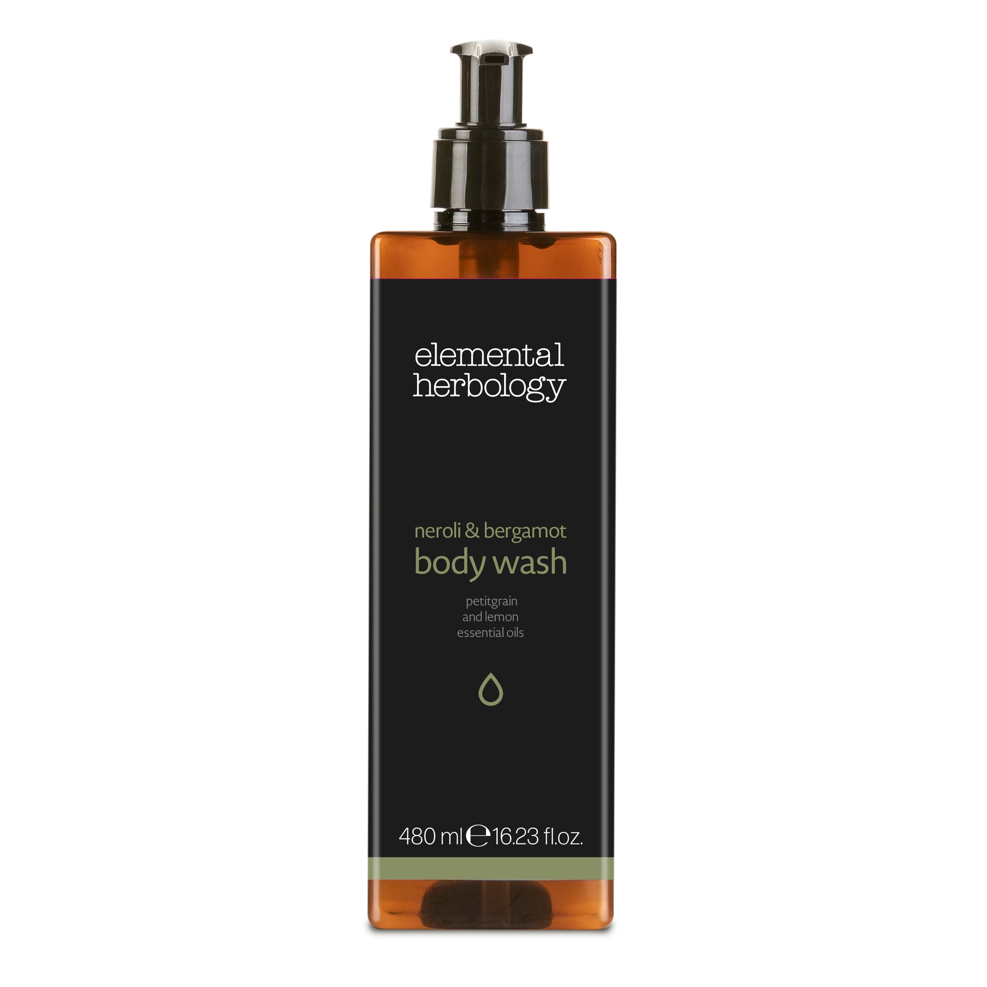 Elemental Herbology neroli and bergamot body wash in 480ml pump dispenser bottle