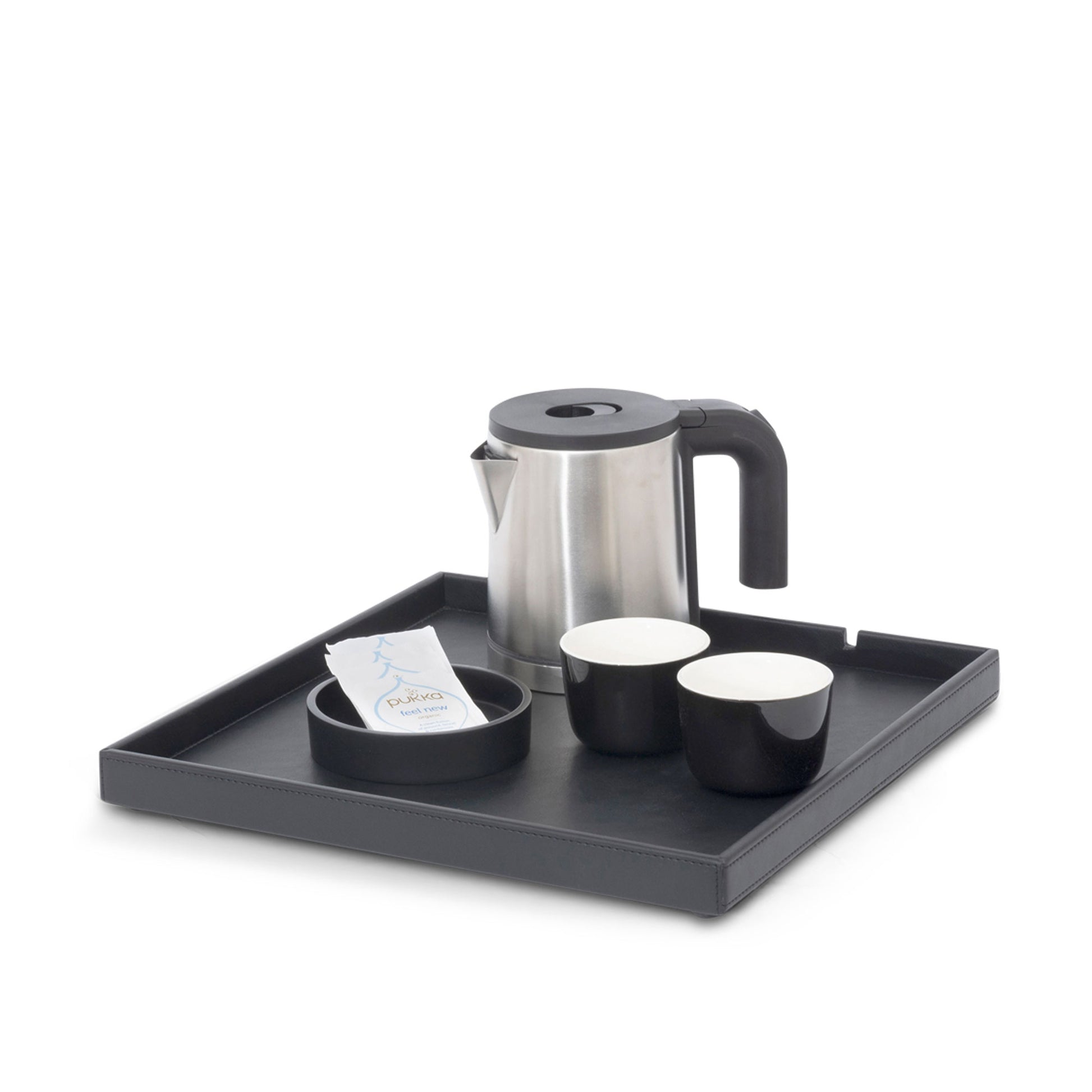 Bentley Fuji kettle tray in black leather with kettle and condiment tray