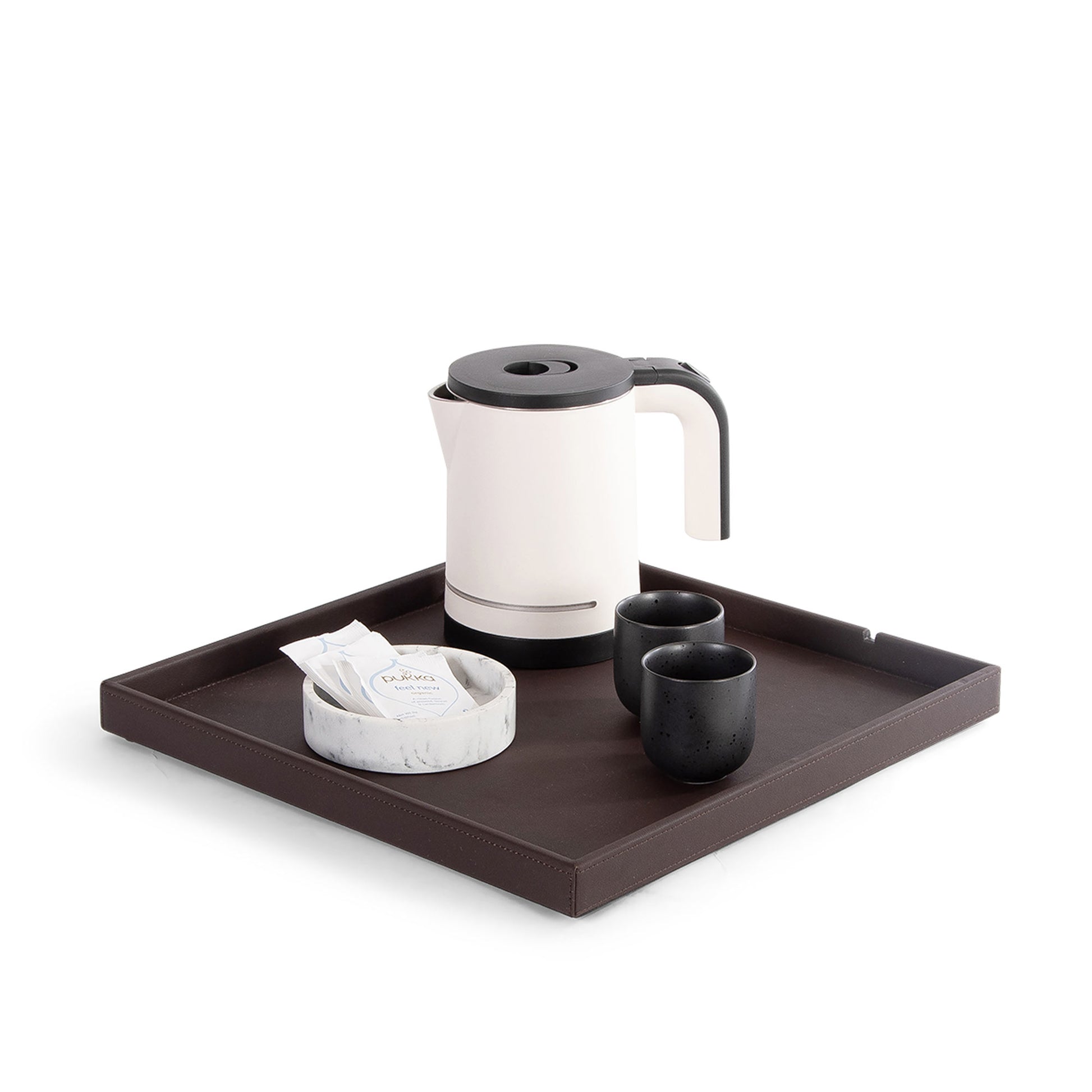 Bentley Fuji kettle tray in brown leather with condiment tray