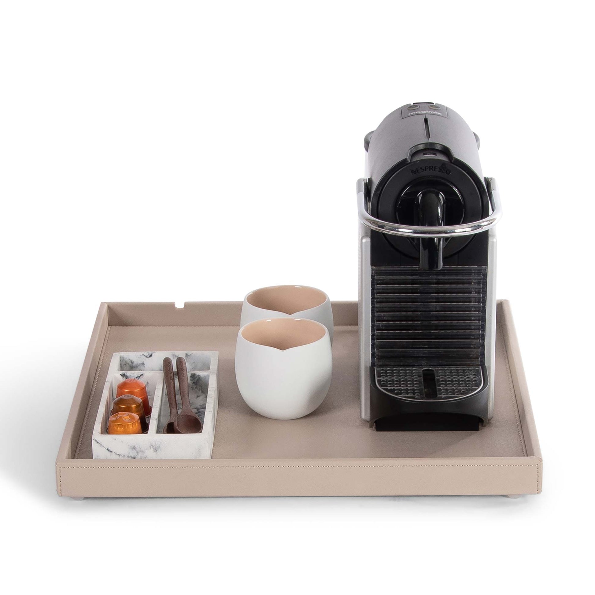 Bentley Fuji welcome tray in natural leather with coffee machine and condiment tray