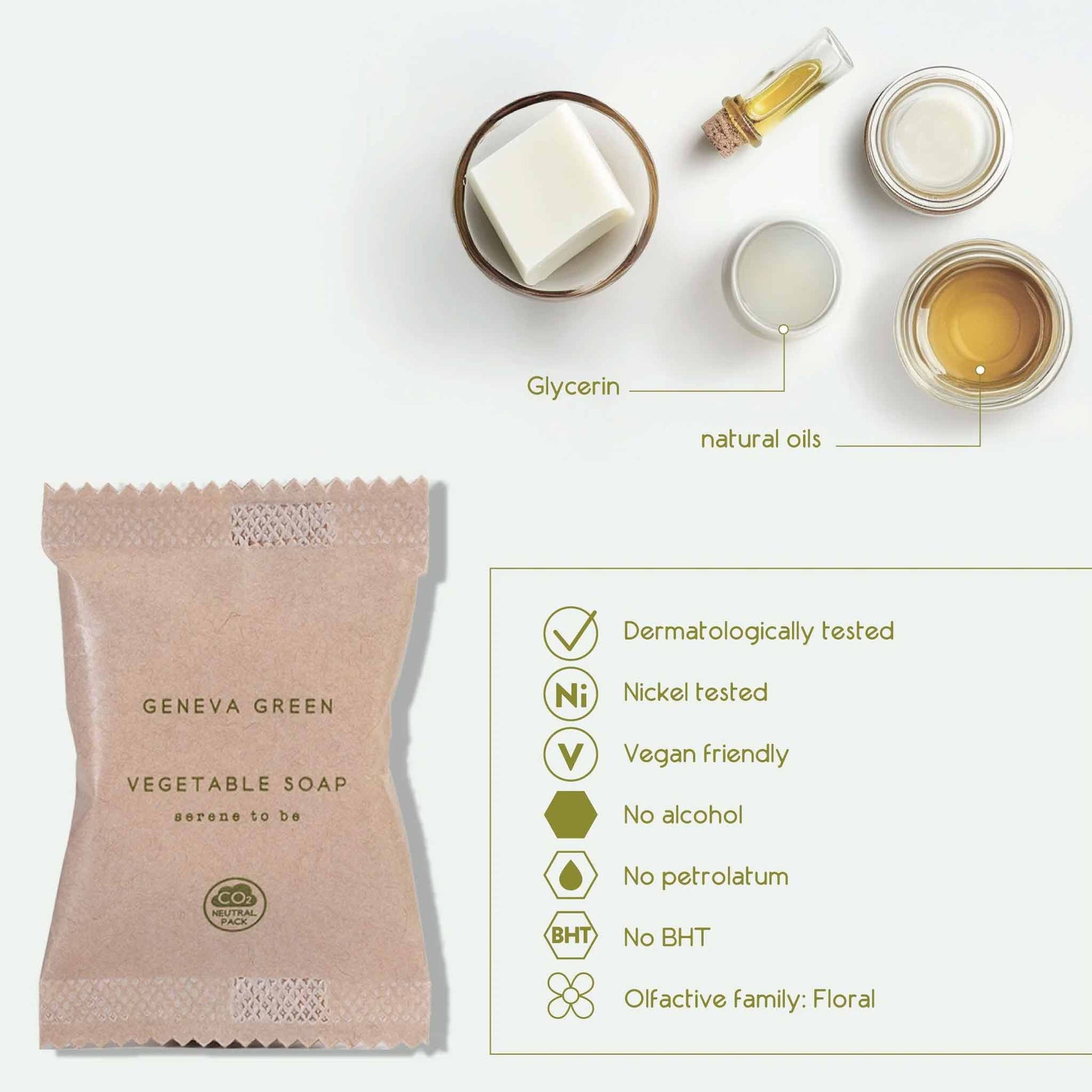 Vegetable soap package with ingredients and benefits on a white background