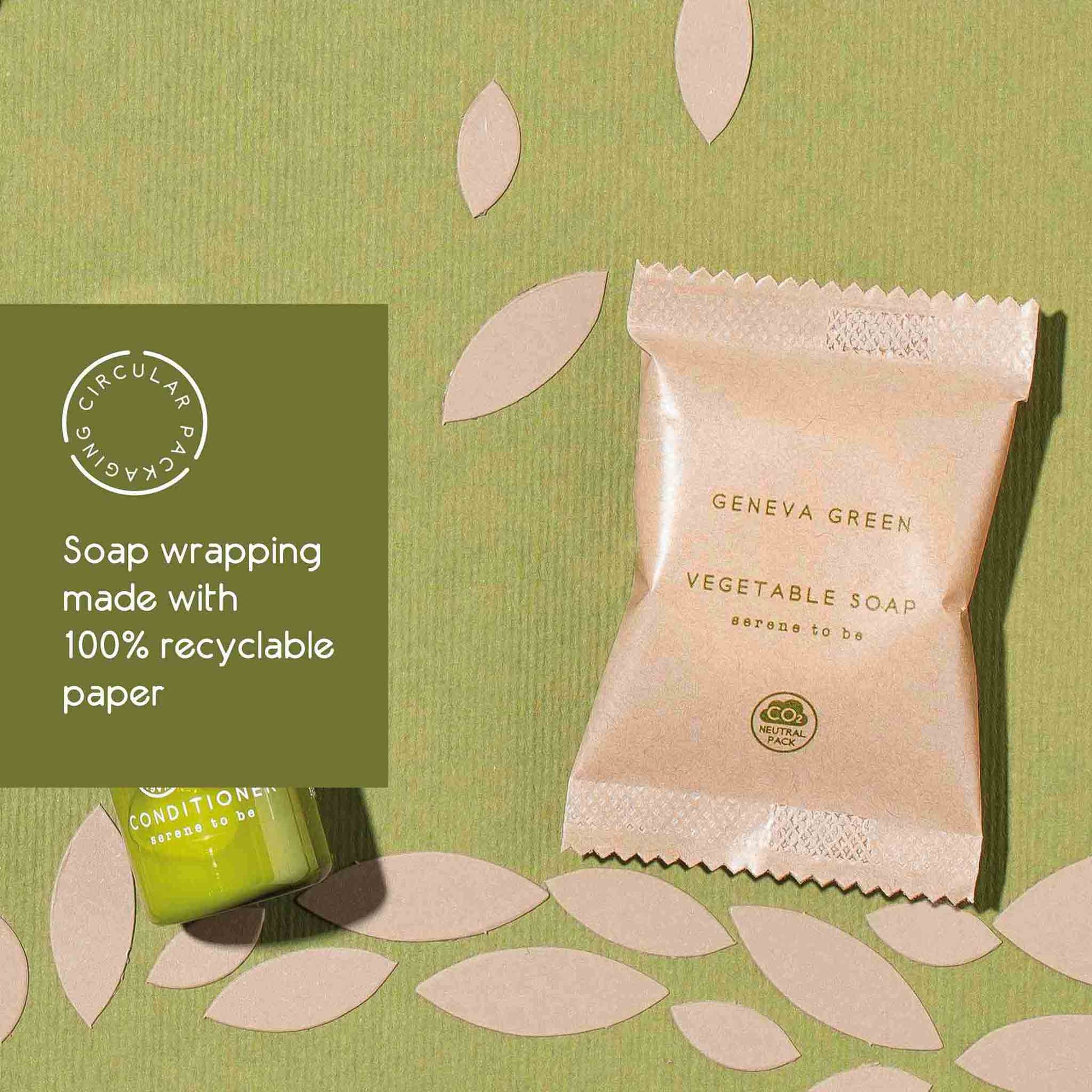 Vegetable soap in a recyclable paper wrapper on a green background with leaf patterns