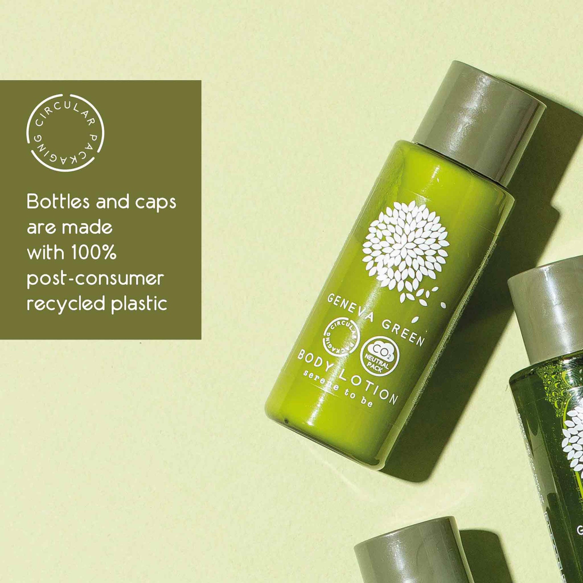 Geneva Green body lotion bottle with 'Circular Packaging' label on a light green background