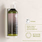 Geneva Green 370ml refillable body lotion bottle with pump dispenser in wall bracket, made from 100% recycled PET, with eco-friendly packaging icons